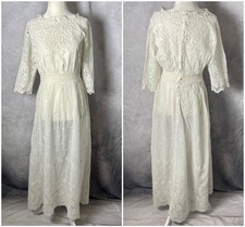 Antique 1900s Edwardian White Cotton Lawn Tea Dress Embroidered Lace Cutwork S/M