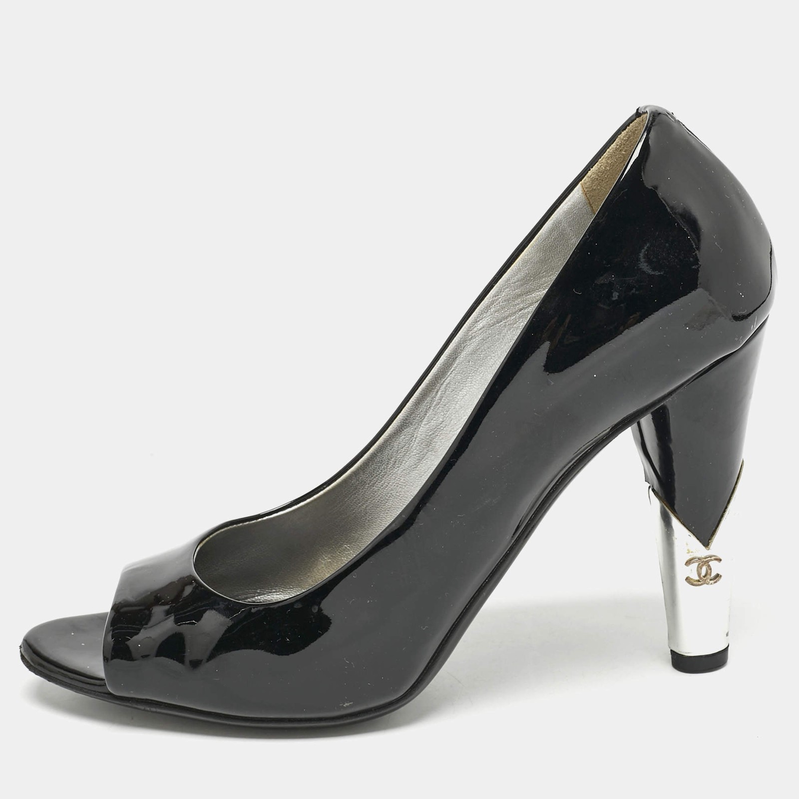 Chanel Black Patent Leather CC Pearl Embellished Peep Toe Pumps Size 385