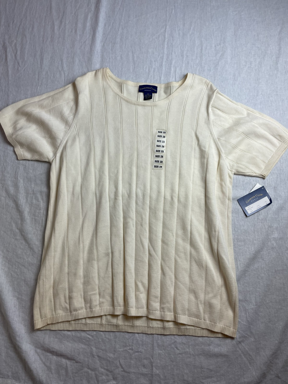 Vintage 90s Charter Club Beige Womens 2X Plus Cotton Ribbed Knit Coastal Top NWT