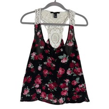 Forever 21 Tank Top Camisole Womens Medium Black Floral Lace Racerback Chiffon