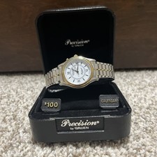 NOS Mens Vintage Gruen Precision Quartz Wristwatch w/ Calendar Orig Case