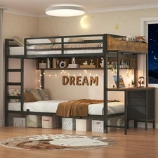 Twin Over Twin Bunk Bed with Desk and LED Lights Metal Loft Bed Frame Black