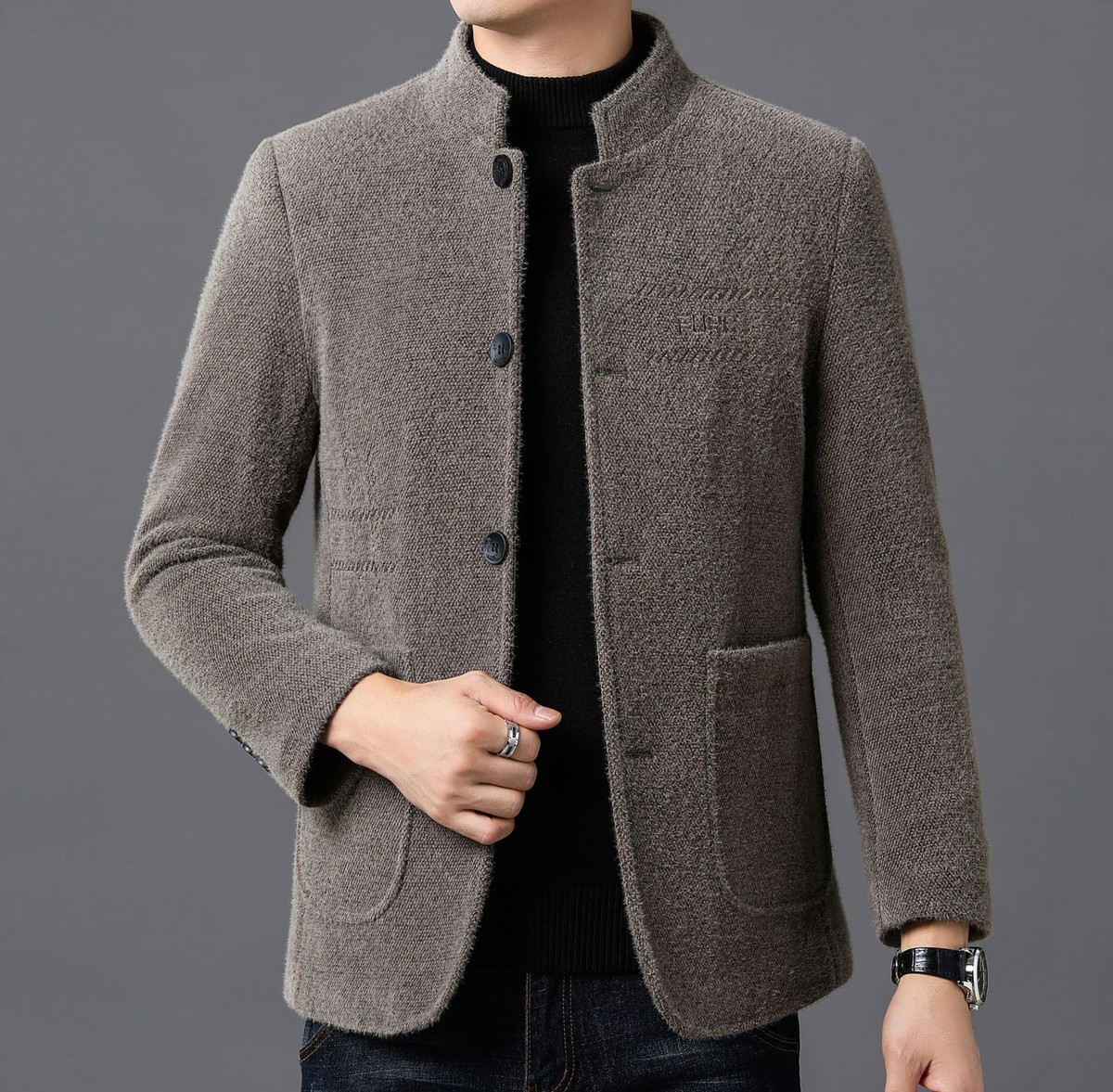 Winter Woolen Stand Collar Coat Men's Casual Wool Cotton Coat