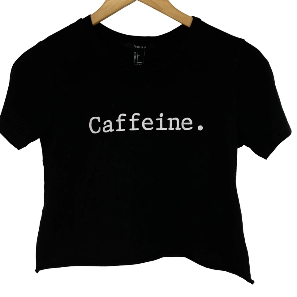Camiseta negra corta Forever 21 para mujer talla pequeña cafeína 2162 cuello redondo usada en excelente estado Foto 4 de 4
