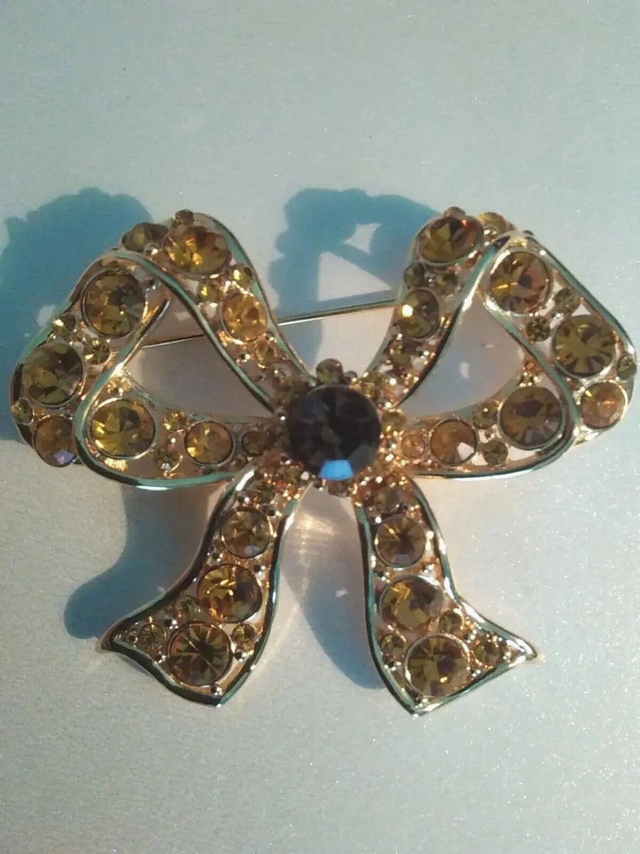 Vintage Gold Tone Honey Amber Rhinestone Ribbon Bow Brooch
