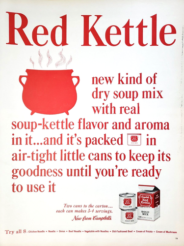 PRINT AD Red Kettle Dry Soup Mix Airtight Cans 1962 10.5x13 Campbells