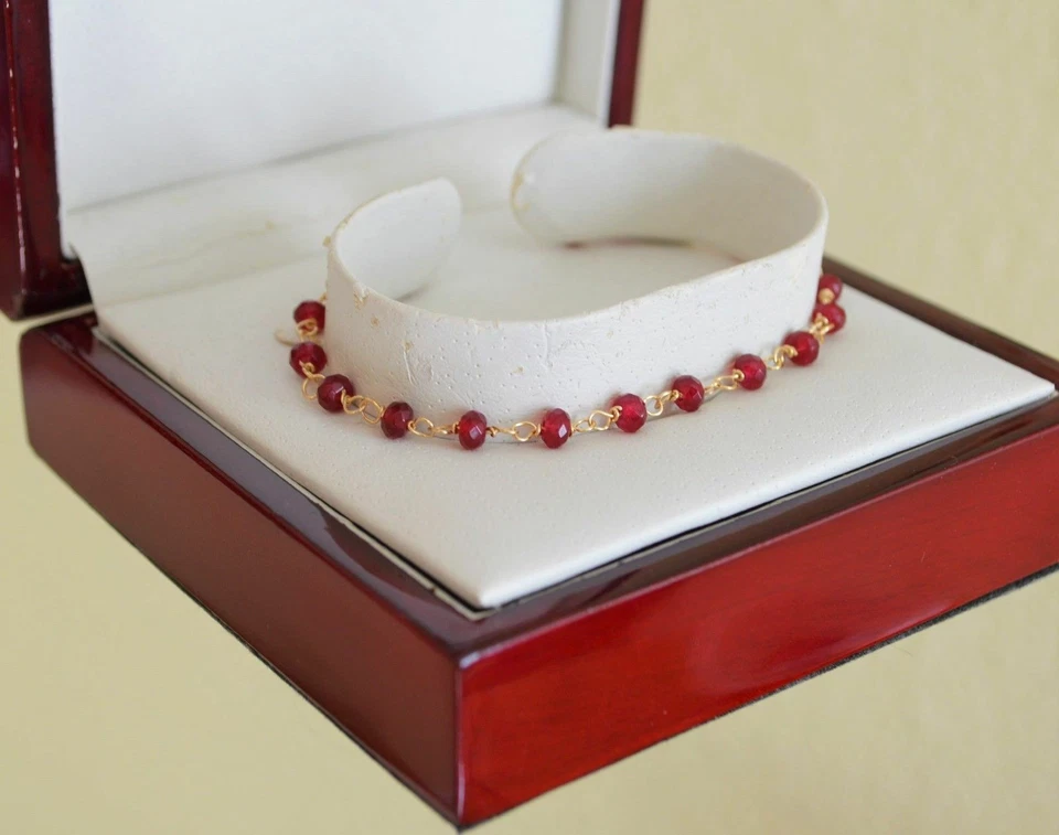 Delicate Natural Faceted Red Ruby Yellow Gold Wire Wrapped Bracelet Handmade - Image 4 of 4