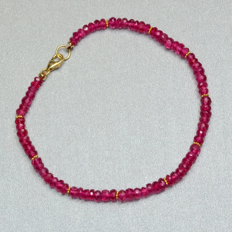 18K Solid Gold Red Spinel Faceted Rondelle Bead Bracelet 7" Length - Image 3 of 4