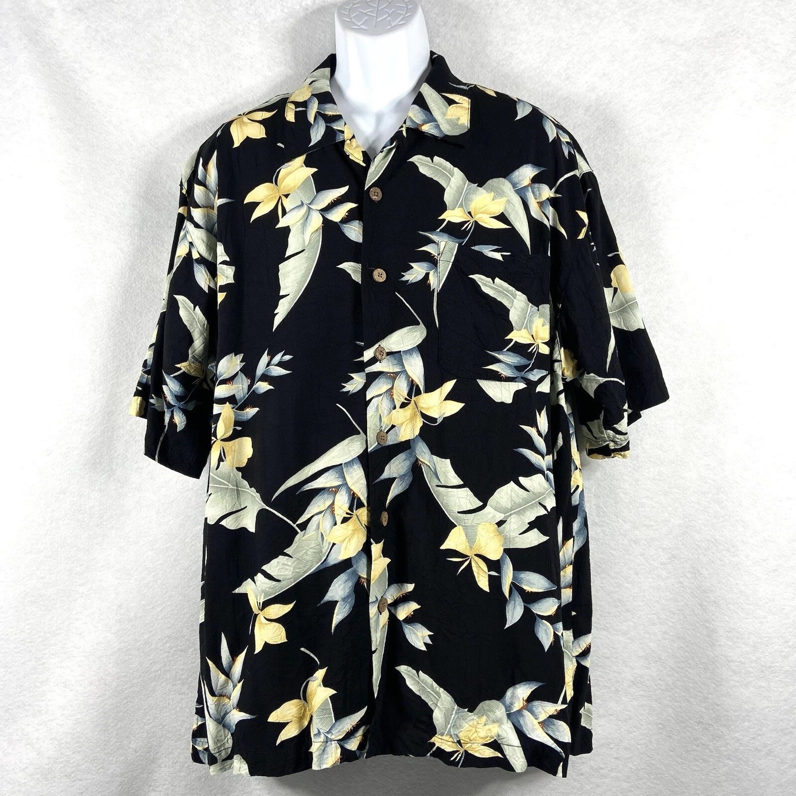 Tommy Bahama Shirt Mens XL Black Hawaiian Button Up Rayon Floral EUC