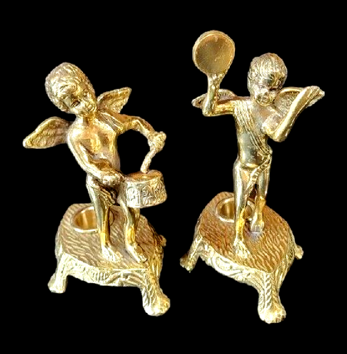Pair of Vintage Lacquered Brass Cherub Candle Holders Made in India - Picture 2 of 17