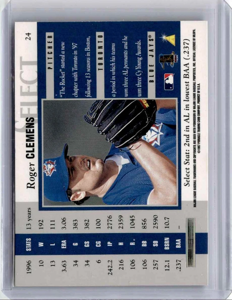 1997 Select Roger Clemens Baseball Card Toronto Blue Jays #24 - Image 2 of 2