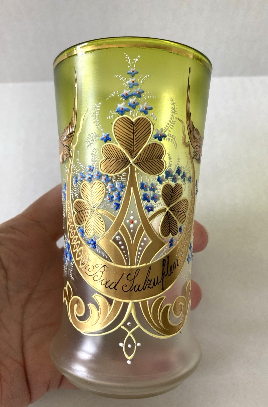 STUNNING Antique German Enameled Glass Beaker, 19th/20th Century BIRDS & CLOVERS
