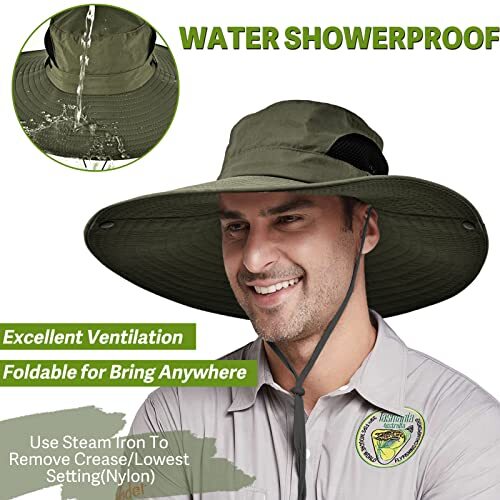 Wide Brim Fishing Sun Hat for Men Women, UPF 50+ One Size Green-12 Cm Brim - Picture 2 of 6