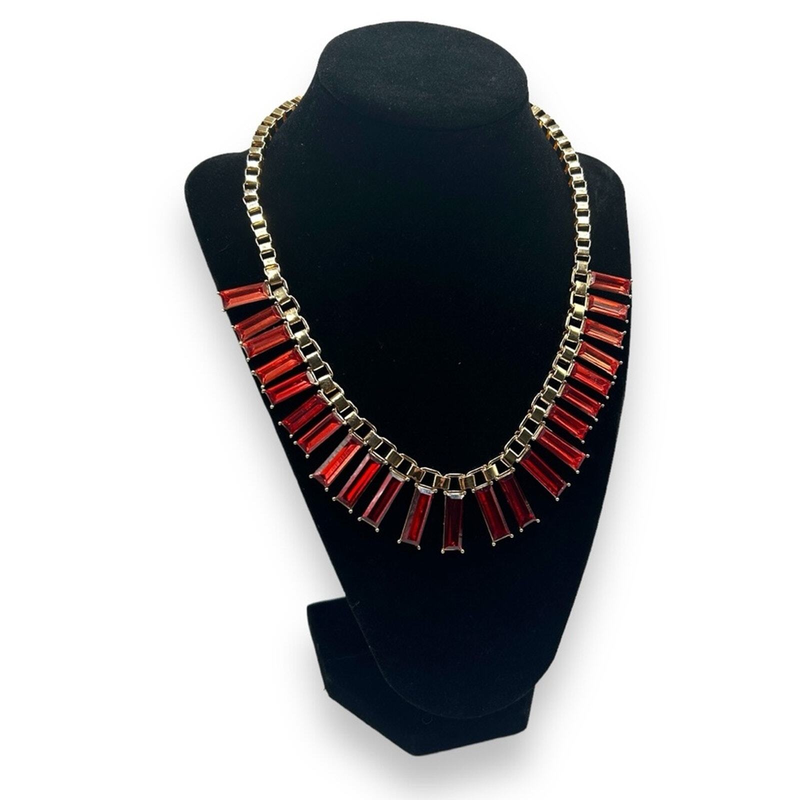 NEW Red Statement Necklace Rectangular Crystal Go… - image 4