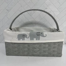 Elephant Print Mom Child Gray White Woven Basket Handle Storage Organize Nursery