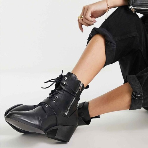 AllSaints womens Katy black lace up heeled leather buckle boots size 39 US 8