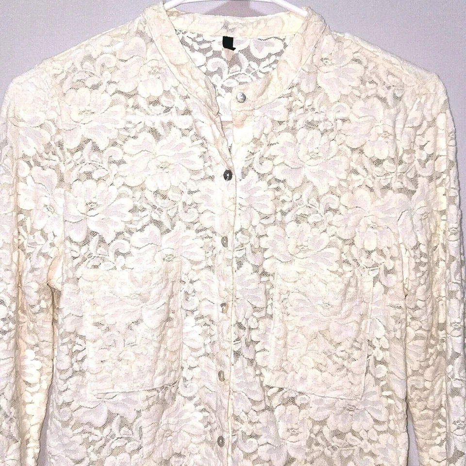 Stile Benetton 90's Vintage Sheer Delicate Cream Lace  Blouse  Small/Med Womens - Image 2 of 4