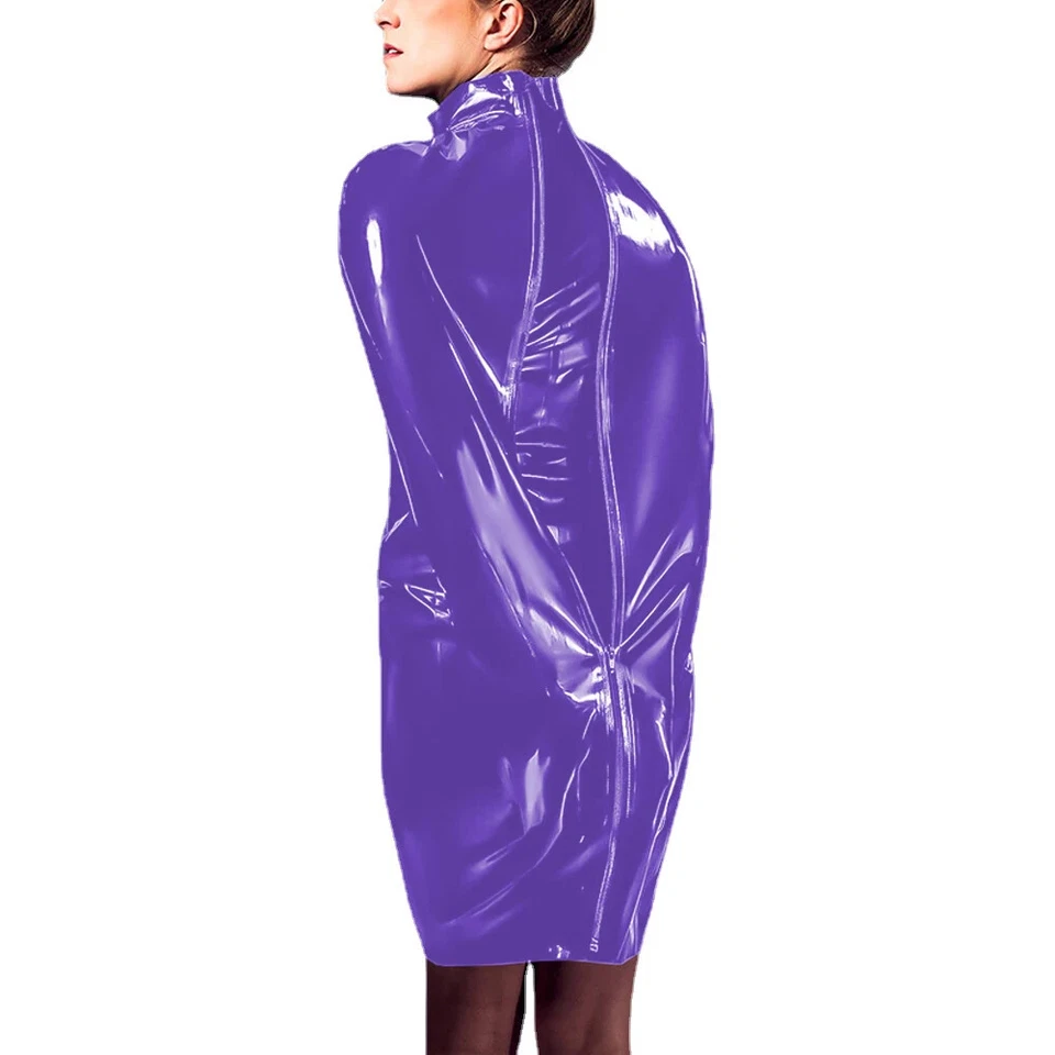 Female Zipper High Neck Bodycon Knee Length Dress PVC Hobble Dress Sexy Vestidos - image 4 of 4