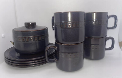 Vintage Genuine Ekco Ironstone MOSAIC Stoneware Coffee Tea Cups, Saucers & Sugar