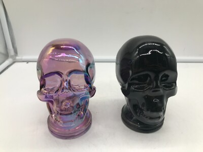 At Home Glass 6in Purple & Black Skull Tabletop Decor Set of 2 AA02B31015