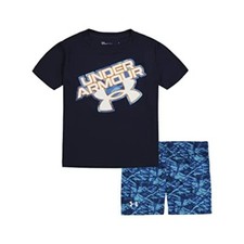 Brand new Under Armour size 4T navy/turquoise logo shorts set