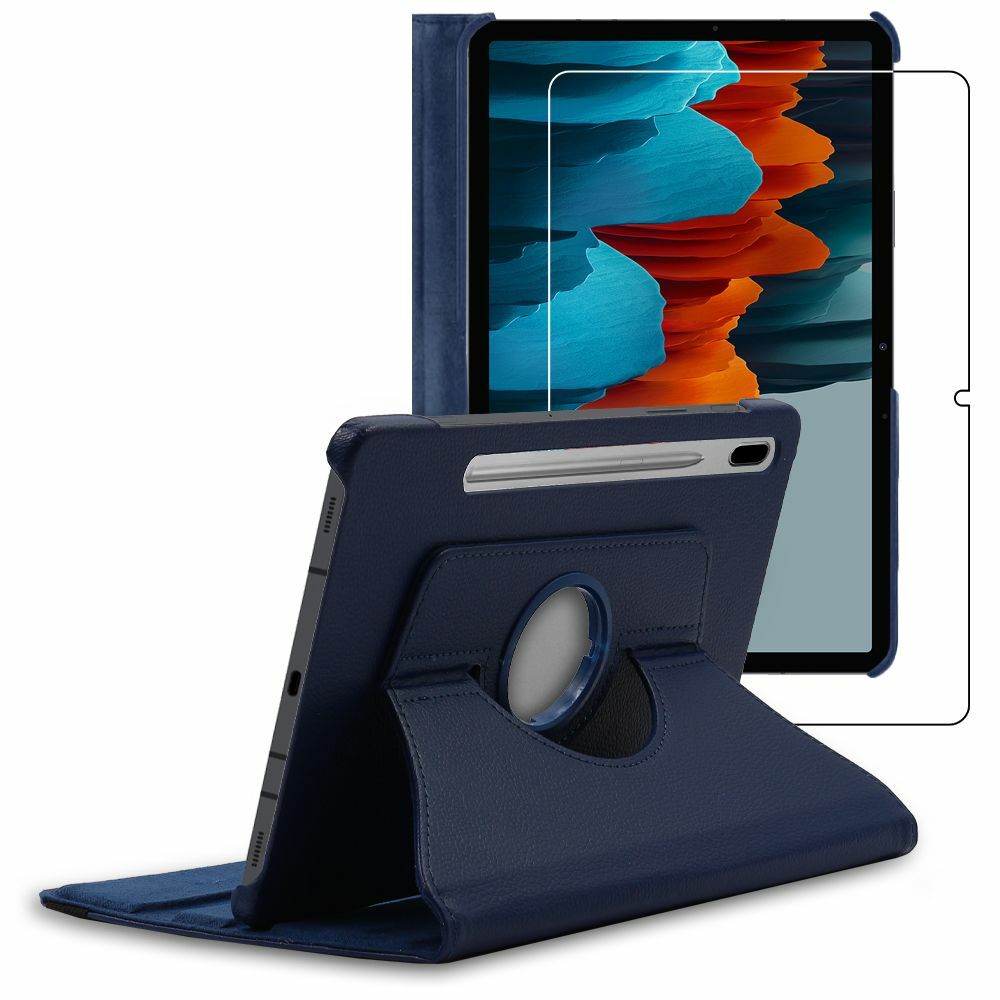 Coque Samsung Tab S7 en cuir bleu foncé élégant et film en verre trempé haute résistance 9H