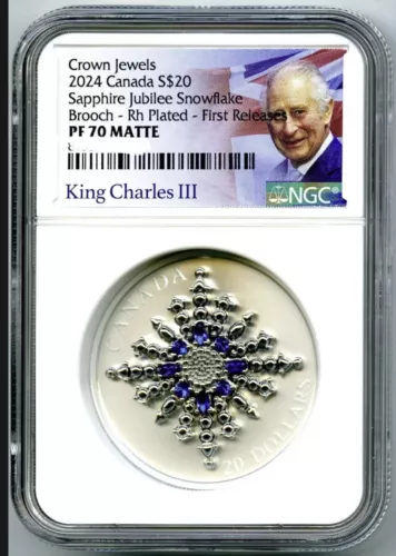 2024 $20 CANADA 1OZ SILVER PROOF NGC PF70 SAPPHIRE JUBILEE SNOWFLAKE BROOCH FR !