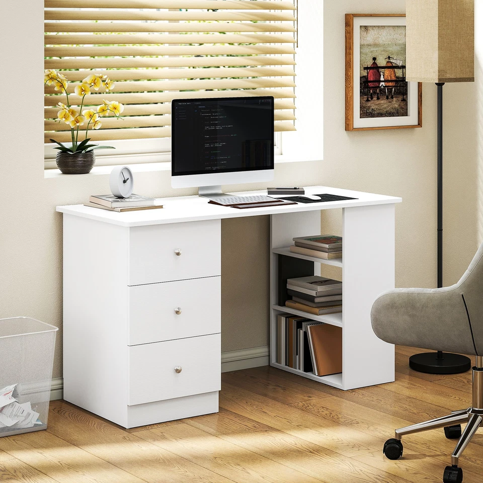 HOMCOM Scrivania Porta PC per Camera e Ufficio con Cassettiera e Ripiani Bianco - Immagine 2 di 4