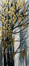 5”x11” Original Pamela Wilhelm Watercolor Landscape Trees Gold Leaves Abstract