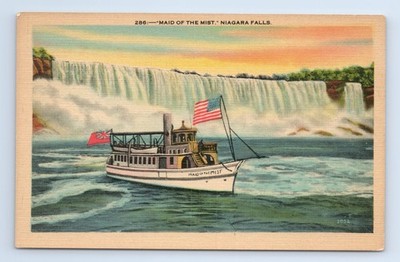 Maid of the Mist Niagara Falls Linen Postcard US & Canadian Flags Vintage
