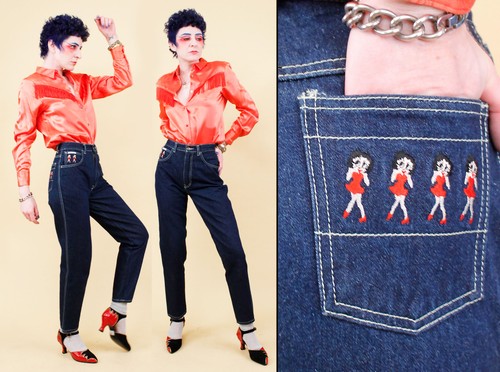 80s Vtg Betty Boop Embroidery Dark Denim Jeans High Waist Taper Skinny XXS W22"