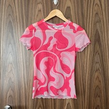 Monki Pink Abstract Swirl Mesh Lettuce Hem Short Sleeve Sheer Top S