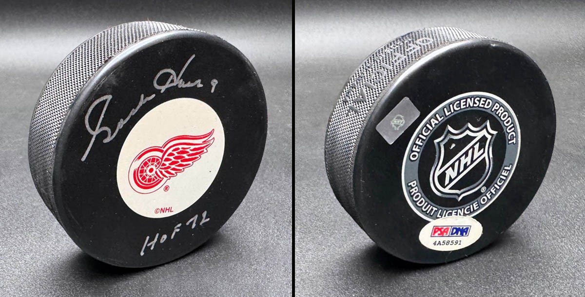 Gordie Howe SIGNED Red Wings Logo Hockey Puck + HOF 72 ITP PSA/DNA AUTOGRAPHED