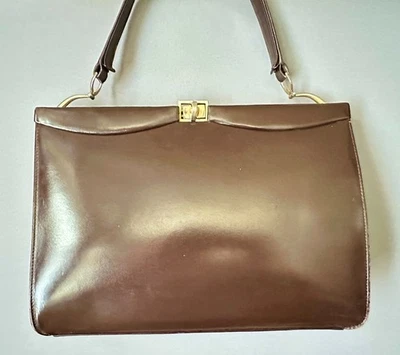 Handbag: Italian vintage leather, structured frame, brown top handle 1960s - Image 1 of 4