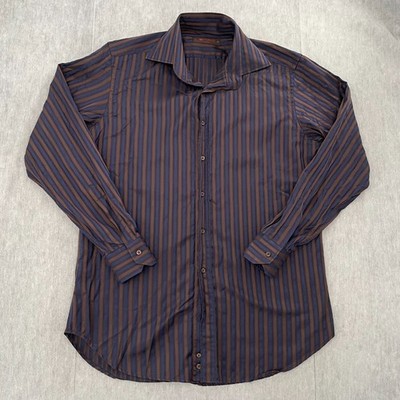 Etro Milano Shirt Adult 41 Blue Brown Striped Button Up Long Sleeve Italy Mens