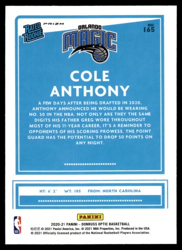 2020-21 Donruss Optic Rated Rookies Blue Cole Anthony RC Orlando Magic #165 - Foto 2 di 2