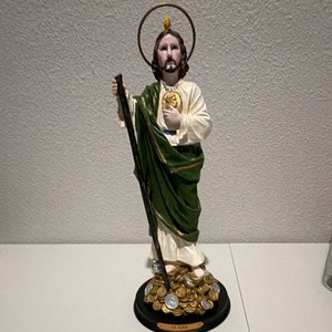Saint Jude Christian Saint Statue Figurine w/ Halo & Staff Green/White 13 in