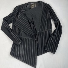 My Tribe Black Genuine Leather Stripes Draped Open Front Jacket Women Size Small