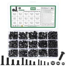 580 Pcs M3 M4 M5 Screws and Nuts Set, Countersunk Bolts and Nuts Assortment, Bla
