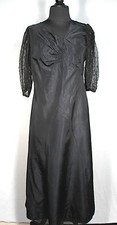RARE FRENCH VINTAGE 1920'S-1930'S BLACK RAYON TAFFETA LACE SLEEVE DRESS SIZE 6