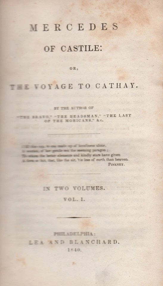 MERCEDES OF CASTILE BY JAMES F. COOPER, 1ST ED, 1840, 2 VOLUMES - Image 2 of 3