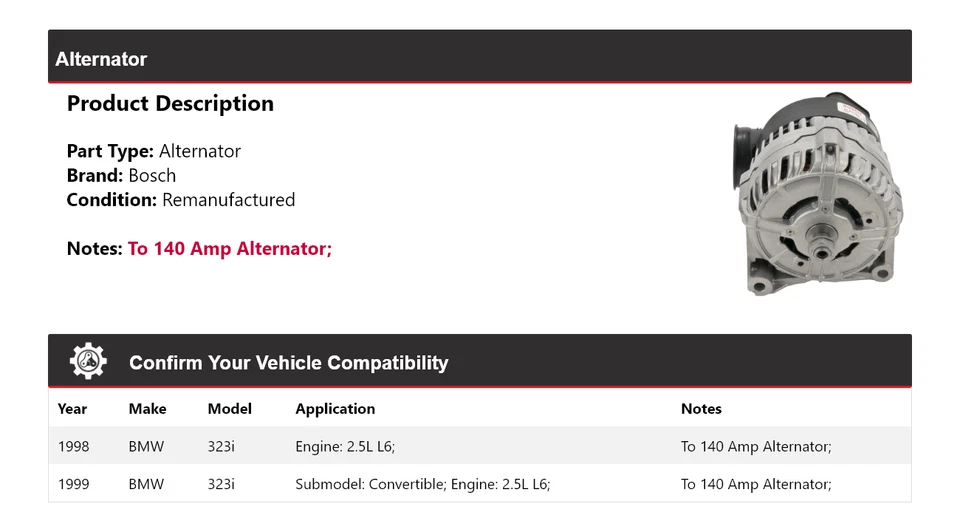 Alternador Bosch para BMW 323i 1998-1999 2,5 L L6 (remanufacturado) Foto 2 de 4