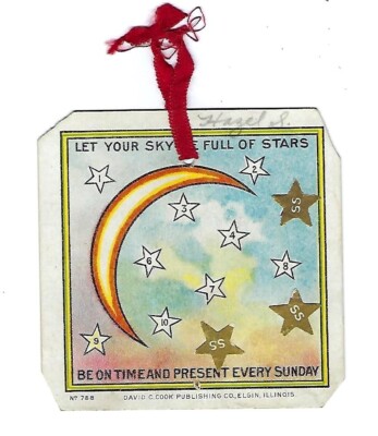 Early 1900's Reward Card, Moon & Stars, Present Every Sunday, Gold Stars
