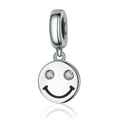 Smile Happy Face Dangle Charm Genuine Sterling Silver 925 With Cubic Zirconia 