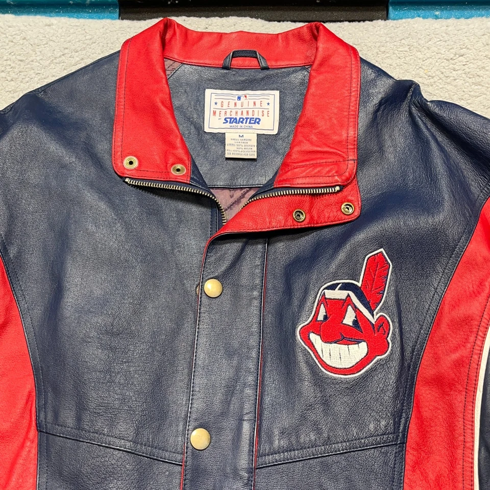Cleveland Guardians Bomber Jacket Mens Med Vintage Starter Leather Chief Wahoo - Image 4 of 4