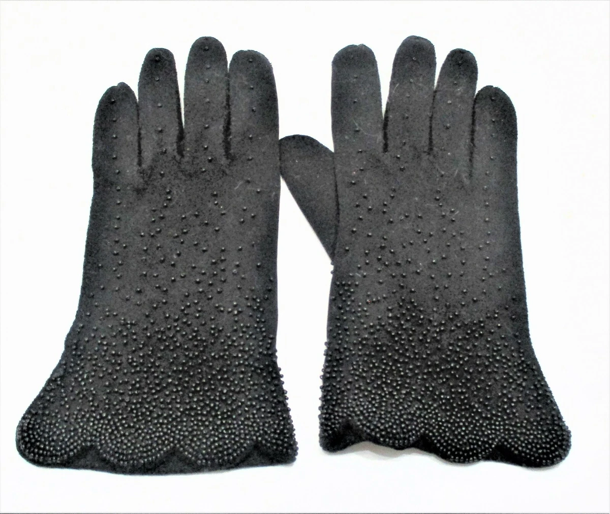 Ladies Vintage Dress Gloves w Scalloped Edges Encrusted w Black Seed Beads 7