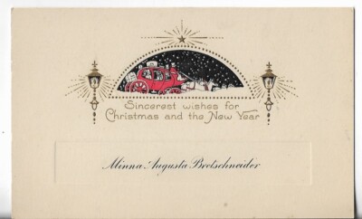 Vtg Christmas Card ART DECO 5x3 Black Arch w/Red Stagecoach & Horses