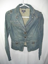 Womens Juniors Blue Ivory Denim 100% Cotton Jean Casual Blazer Jacket Size 38