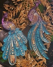 LOT 2 Christmas Peacock GREEN GOLD PURPLE Aqua GLITTER JEWEL Acrylic Ornaments
