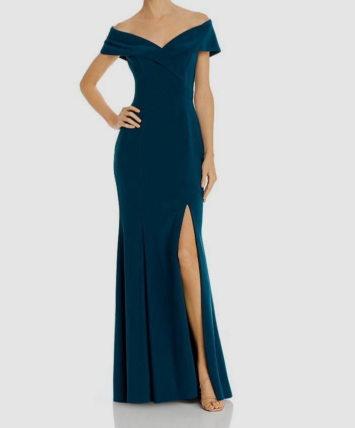 dark aqua green dress $248 Aqua Women's Green Off The Shoulder Cap Sleeve V-Neck Gown Dress Size  6